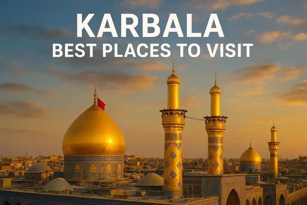 Golden domes of Imam Hussain Shrine and Al-Abbas Shrine in Karbala at sunset — Karbala best places to visit and Ziyarat travel guide