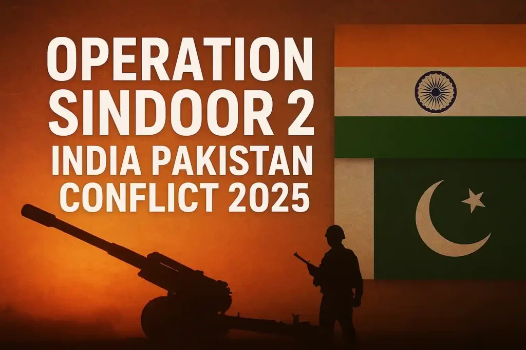 “Operation Sindoor 2 India Pakistan Conflict 2025 — featuring India and Pakistan flags with a silhouette of a soldier and artillery at sunset, symbolizing the South Asia military tension and cross-border conflict scenario.”