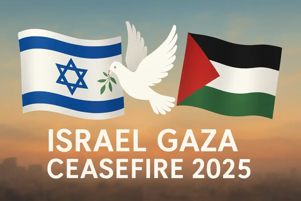Israel and Gaza ceasefire 2025 peace agreement symbolized by dove and flags representing hope after war.