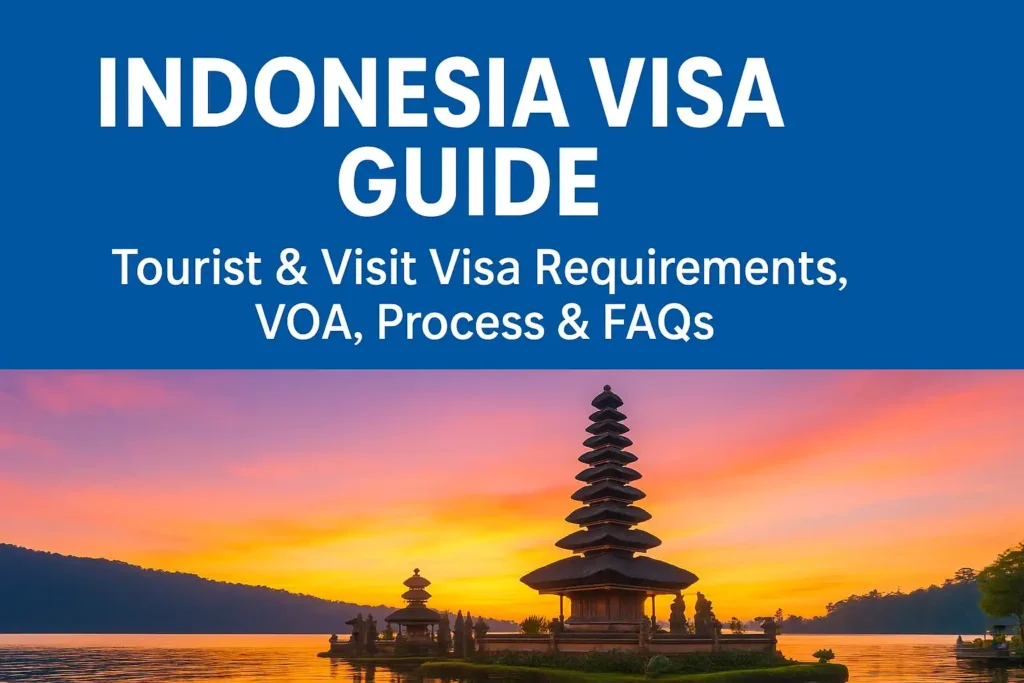 “Indonesia visa guide featured image showing traveler with passport, Indonesia flag, and visa icons representing tourist and visit visa requirements.”